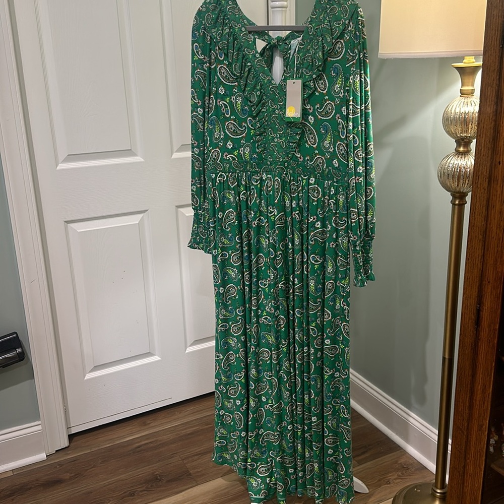BODEN 14 large XL Gorgeous Green Paisley MAXI Dress Longsleeve - Picture 6 of 16